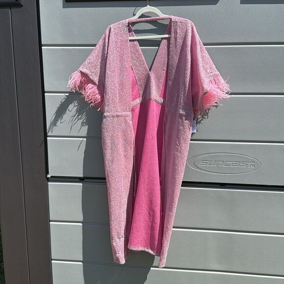 Pink Glitter Kaftan with Feather Trim - BRAND NEW - One Size - Glitter Cover Up - Picture 3 of 4